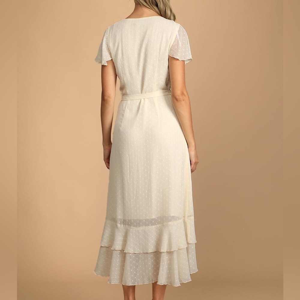 Lulu’s NWT Cream Dotted Ruffled Wrap Midi Dress - S - Picture 5 of 11